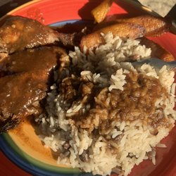 Red Stripes Caribbean Cuisine and Lounge - Jerk Chicken Rice and Peas Plantains YUM