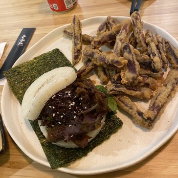Kyuramen - Flushing - teriyaki beef rice cake sandwich with Purple Sweet Potato Fries - Ramen Near Me - Flushing, New York