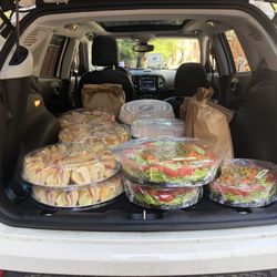 Sandwich Club - Hoagie trays, cheese steak trays, panini trays, salads, pasta salad, and utensils.