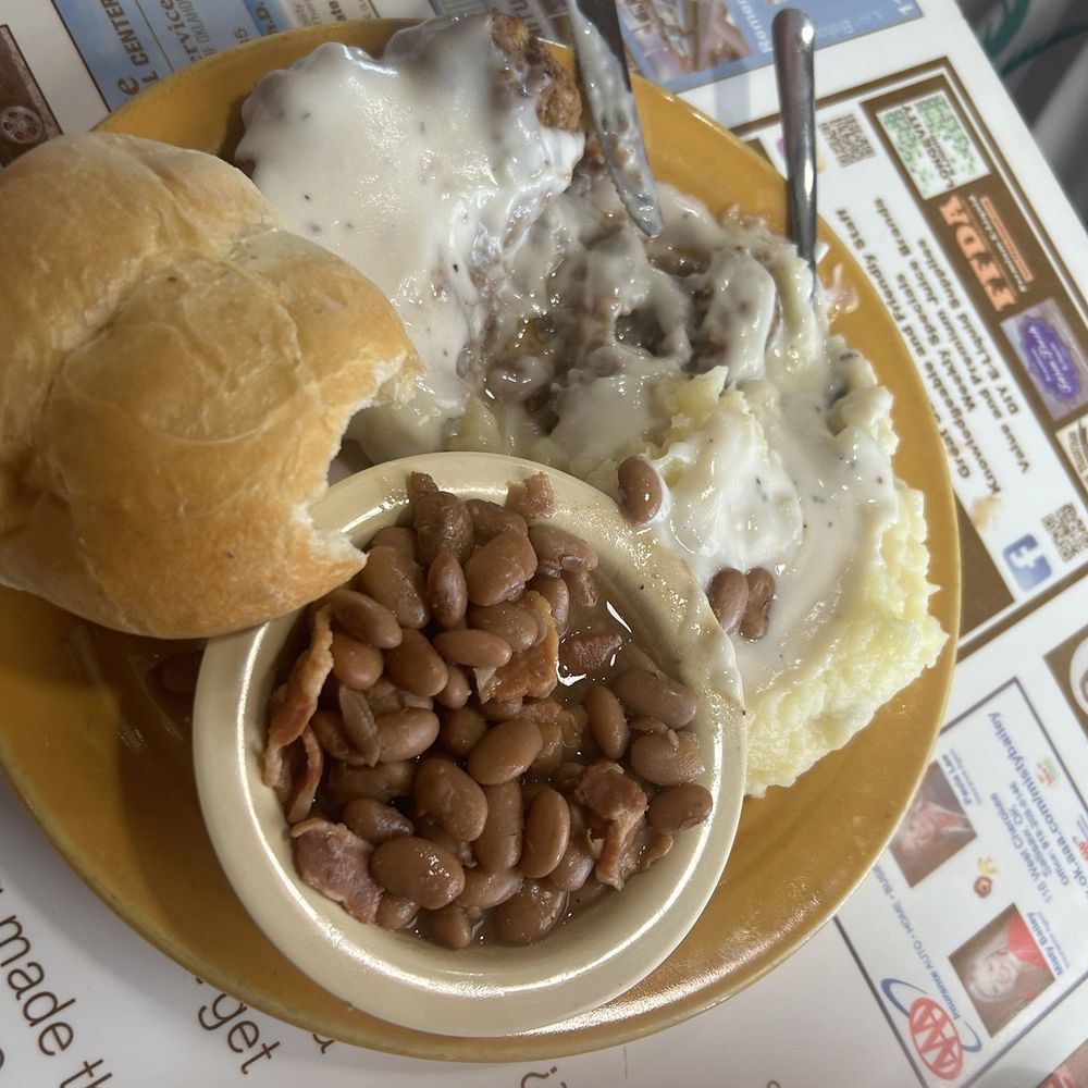 Chicken fried steak was tasty, as were the beans and roll.  The gravy was also good, but the mashed potato's seemed like instant.