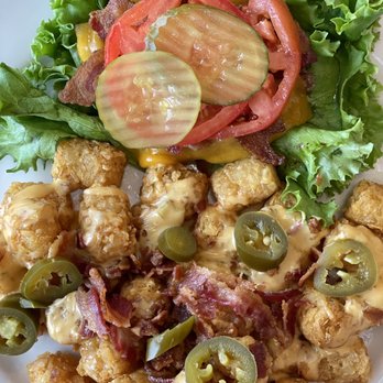 Red Mountain Grill - Bacon Cheese burger with no bun and loaded tater tots!!!! - American Near Me - Birmingham, Alabama Red Mountain Grill - Bacon Cheese burger with no bun and loaded tater tots!!!! - American Near Me - Birmingham, Alabama