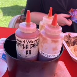Sticky Nicks BBQ - BBQ sauce options: sweet, cripple creek, and a mustard-based sauce