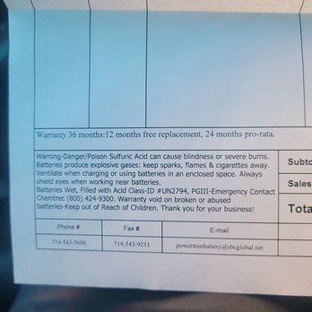 Powertron Battery Co - Battery warranty info very affordable!! - Battery Stores Near Me - Santa Ana, California