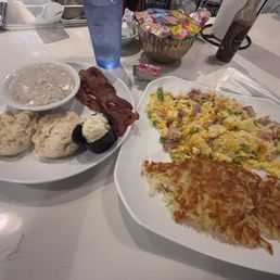 Western omelette (I made it a scramble) it came with a biscuit I ordered a side of gravy and bacon. Western omelette (I made it a scramble) it came with a biscuit I ordered a side of gravy and bacon.