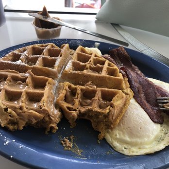 Cafe 222 - Pumpkin waffles plus 2 eggs plus 2 pieces of turkey bacon - Breakfast & Brunch Near Me - San Diego, California Cafe 222 - Pumpkin waffles plus 2 eggs plus 2 pieces of turkey bacon - Breakfast & Brunch Near Me - San Diego, California