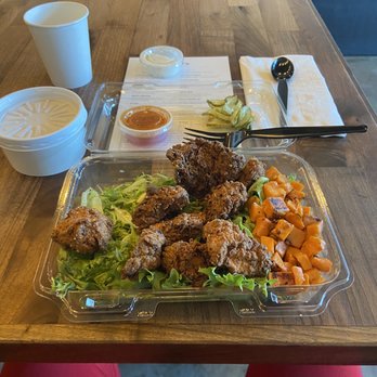 Worth Takeaway - Crispy Chicken, salad, and sweet potatoes - Breakfast & Brunch Near Me - Mesa, Arizona Worth Takeaway - Crispy Chicken, salad, and sweet potatoes - Breakfast & Brunch Near Me - Mesa, Arizona