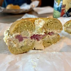 All Star Bagel - Elote (Mexican Style Corn) Cream Cheese with Red Pickled Onions on a Jalapeño Bagel