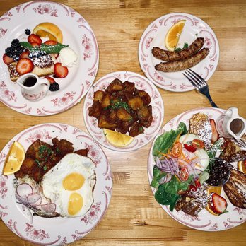 Plain Jane - Top left clockwise: Cannoli French Toast, Crispy Potatoes, Chicken Apple Sausage, PJ's Monte Christi Sando, Two Eggs and Any - Breakfast & Brunch Near Me - San Francisco, California Plain Jane - Top left clockwise: Cannoli French Toast, Crispy Potatoes, Chicken Apple Sausage, PJ's Monte Christi Sando, Two Eggs and Any - Breakfast & Brunch Near Me - San Francisco, California