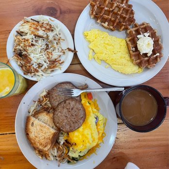 Pine Country Restaurant - Veggie omelette with gluten free toast, sausage patties, hash-browns, waffles, orange juice, and a big mug of coffee. - Breakfast & Brunch Near Me - Williams, Arizona Pine Country Restaurant - Veggie omelette with gluten free toast, sausage patties, hash-browns, waffles, orange juice, and a big mug of coffee. - Breakfast & Brunch Near Me - Williams, Arizona