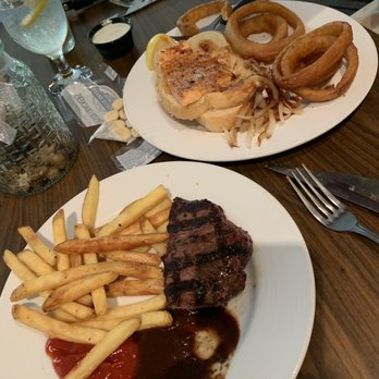 Dining On The Edge - Steak, fries salmon and onion rings. - Seafood Near Me - Orofino, Idaho