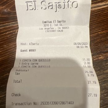 Cemitas Poblanas El Sapito - the receipt for the restaurant - Mexican Near Me - Los Angeles, California