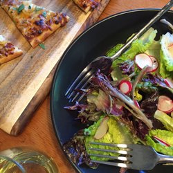 pink barn farm - CSA salad plus flatbread pizza from freezer and great minerally white blend from Wellington cellars.