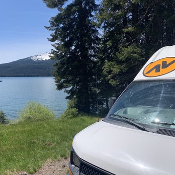Travellers Autobarn - Our campsite in front of diamond lake with Mt.Bailey in the back - RV Rental Near Me - Hayward, California Travellers Autobarn - Our campsite in front of diamond lake with Mt.Bailey in the back - RV Rental Near Me - Hayward, California