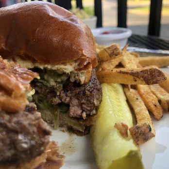 Rocky River Tap and Table - Jalapeño burger with fries - Bars Near Me - Granger, Indiana