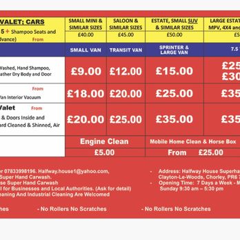 Halfway House Hand Carwash - Price list some prices are still negotiable - Car Wash Near Me - Chorley, LAN Halfway House Hand Carwash - Price list some prices are still negotiable - Car Wash Near Me - Chorley, LAN
