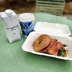 The Well Coffeehouse - Sweet Heat Salmon Bagel and a sweetened Chai tea latte.