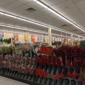 Hobby Lobby - Christmas plants - The image shows an indoor retail space at Hobby Lobby in Las Cruces, NM, with a focus on Christmas plants and flowers arranged in black containers. The plants include various red, white, and green foliage, and are displayed on a long, elevated black stand. The ceiling has fluorescent lighting, and sale signs indicating discounts are visible throughout the area. Artwork and decorative items are hung on the back wall, contributing to the festive holiday display. - Hobby Shops Near Me - Las Cruces, New Mexico