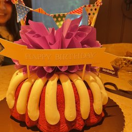 Red velvet Bundt with happy birthday decore by the store. Red velvet Bundt with happy birthday decore by the store.