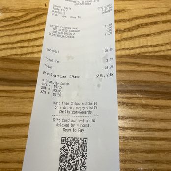 Chili's - a receipt with a qr code on it - Bars Near Me - Carbondale, Illinois