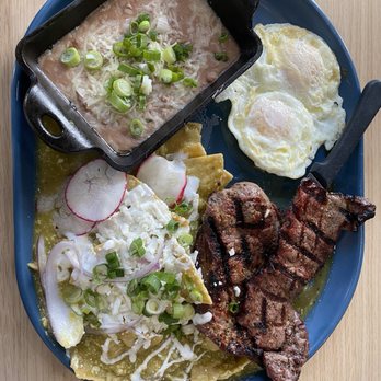 Gina's Kitchen +Catering - Chilaquiles With Green Salsa, Eggs And Carne Asada With A Side Of Beans - Breakfast & Brunch Near Me - Rancho Cucamonga, California Gina's Kitchen +Catering - Chilaquiles With Green Salsa, Eggs And Carne Asada With A Side Of Beans - Breakfast & Brunch Near Me - Rancho Cucamonga, California