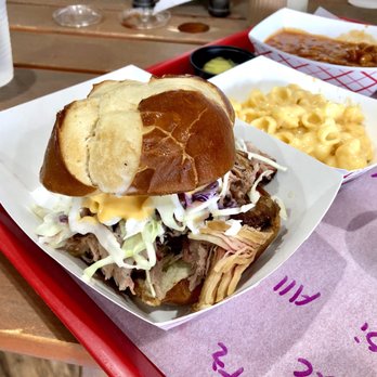 Idk BBQ - Pulled pork sandwich on pretzel roll - Barbeque Near Me - Tropic, Utah