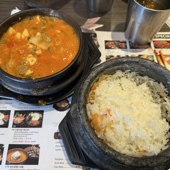 A Ri Rang Tofu House - 2. Pork Tofu Soup (I stirred my rice before taking this picture) - Korean Near Me - San Gabriel, California
