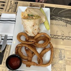 The Little York - Buffalo chicken wrap and onion rings