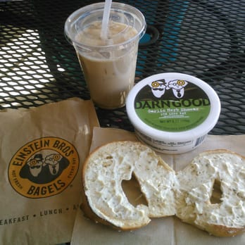 Einstein Bros. Bagels - Ice Coffee, Pretzel Bagel with Garlic Herb Shmear - Bagels Near Me - Henderson, Nevada