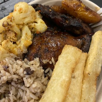 Jrk! - Jerk chicken bowl with Pineapple Sweet plantains, yuca, and cauliflower. Also the rice and beans! - Caribbean Near Me - Aventura, Florida Jrk! - Jerk chicken bowl with Pineapple Sweet plantains, yuca, and cauliflower. Also the rice and beans! - Caribbean Near Me - Aventura, Florida