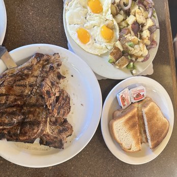 Harry's Cafe - T-bone steak and eggs with potatoes and toast - American Near Me - Perris, California Harry's Cafe - T-bone steak and eggs with potatoes and toast - American Near Me - Perris, California