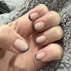 AStudio Nails - Short round micro French manicure with navy blue line.