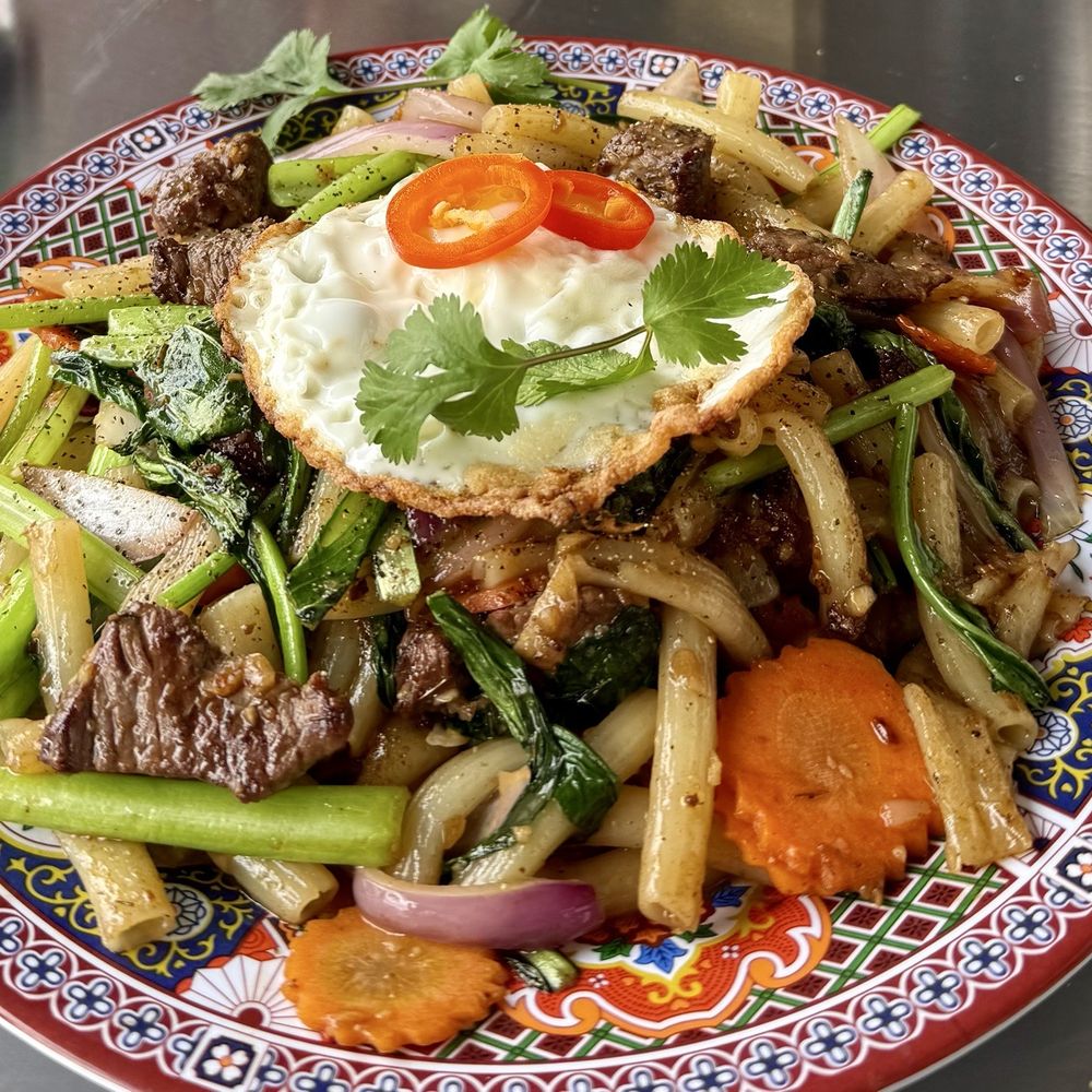 Lai Rai - 41. Stir-Fried Macaroni w/Filet Mignon Beef Nui Xao Bo - Vietnamese Near Me - Davie, Florida Lai Rai - 41. Stir-Fried Macaroni w/Filet Mignon Beef Nui Xao Bo - Vietnamese Near Me - Davie, Florida