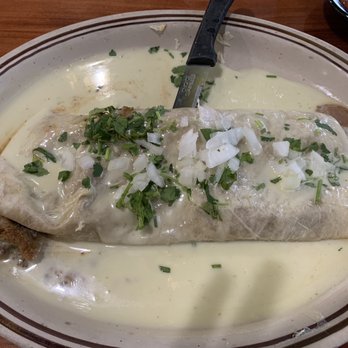 Villa del Rey cocina mexicana - The Mexican Burrito stuffed with pork and refried beans, topped with cheese sauce, onions, and cilantro!  OMGOSH!  It's stupid good! - New Mexican Cuisine Near Me - Mobile, Alabama