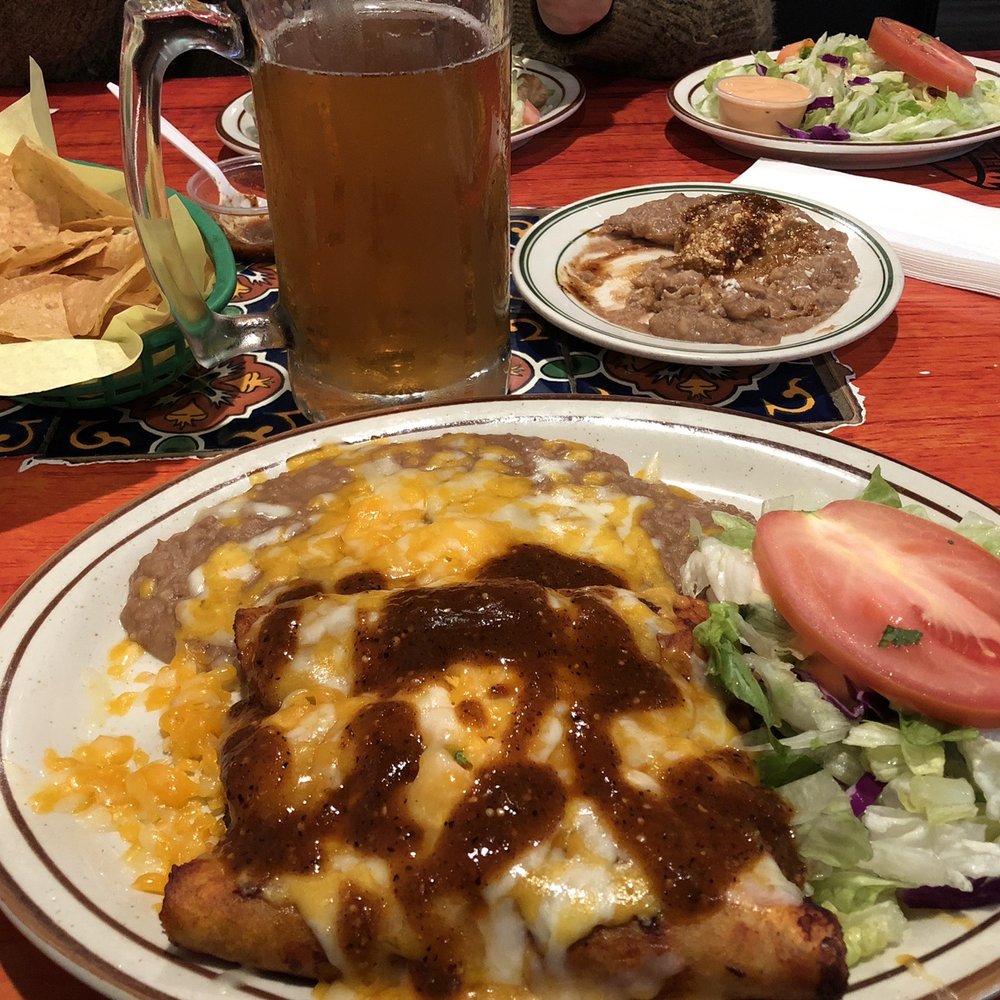 Super A's - Carne Asada enchiladas with red sauce, beans and salad with some thousand island - Mexican Near Me - Costa Mesa, California Super A's - Carne Asada enchiladas with red sauce, beans and salad with some thousand island - Mexican Near Me - Costa Mesa, California