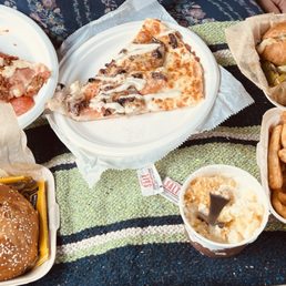 Greek Pizza, Meat Pizza, Philly Steak, Chicken Sandwich, Fries & Macaroni & Cheese