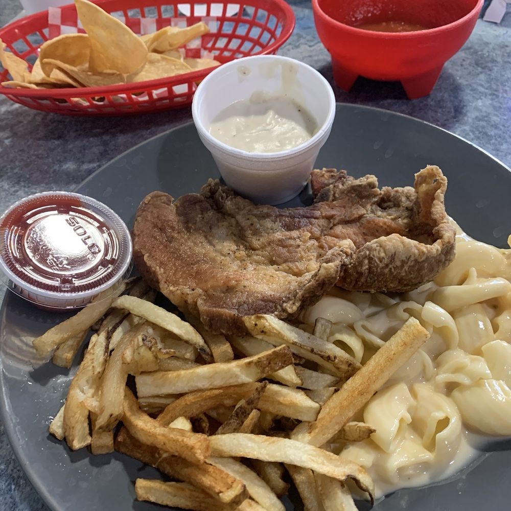 Blue Burro - Fried pork chop and gravy, fries, Mac and cheese. Let's eat! - Mexican Near Me - Merkel, Texas Blue Burro - Fried pork chop and gravy, fries, Mac and cheese. Let's eat! - Mexican Near Me - Merkel, Texas