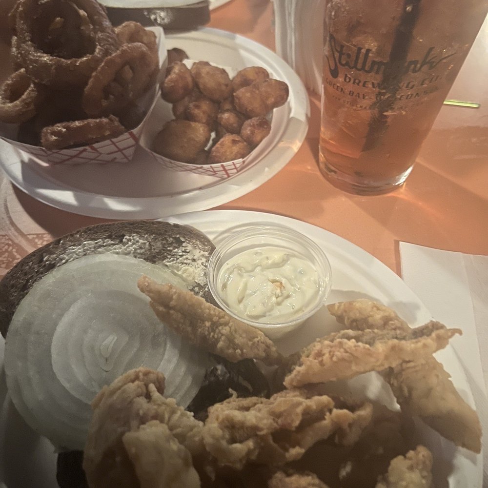 Bluegill, cheese curds, onion rings, cod and an old fashioned