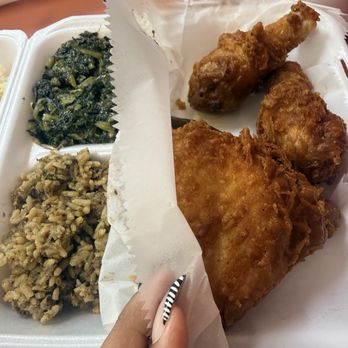 Chicken Shack - 3 - Pc Dark (Chicken w/ 1 Roll Only) w/ Cajun Rice Dressing (Homemade) and Mustard Greens - Fast Food Near Me - Baton Rouge, Louisiana Chicken Shack - 3 - Pc Dark (Chicken w/ 1 Roll Only) w/ Cajun Rice Dressing (Homemade) and Mustard Greens - Fast Food Near Me - Baton Rouge, Louisiana
