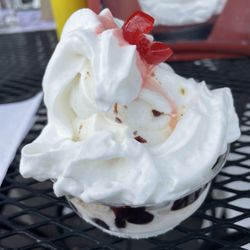 Mac's Drive-In - Hot fudge sundae with soft vanilla ice cream