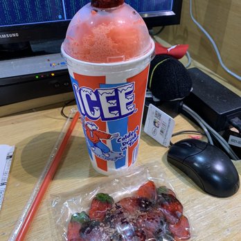 Seed City - Strawberry & Blue vanilla Li Hing mui Icee & Li hing mui & lemon peel gummy strawberries - Candy Stores Near Me - Aiea, Hawaii