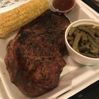 Pick-A-Bone - Pork steak dinner w/2 sides: corn on the cob & green beans. I also got both the sweet & the spicy sauce on the side to mix together. - Barbeque Near Me - Fenton, Missouri Pick-A-Bone - Pork steak dinner w/2 sides: corn on the cob & green beans. I also got both the sweet & the spicy sauce on the side to mix together. - Barbeque Near Me - Fenton, Missouri