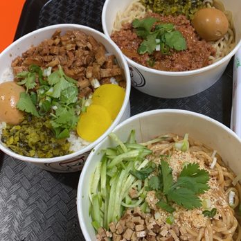 Jojo's Kitchen: Taiwan Eats - Dan Dan noodles (upper right corner), pork belly noodles (left side), and Mah Jiang noodles! My fav was the dan dan!! - Taiwanese Near Me - Rancho Cucamonga, California