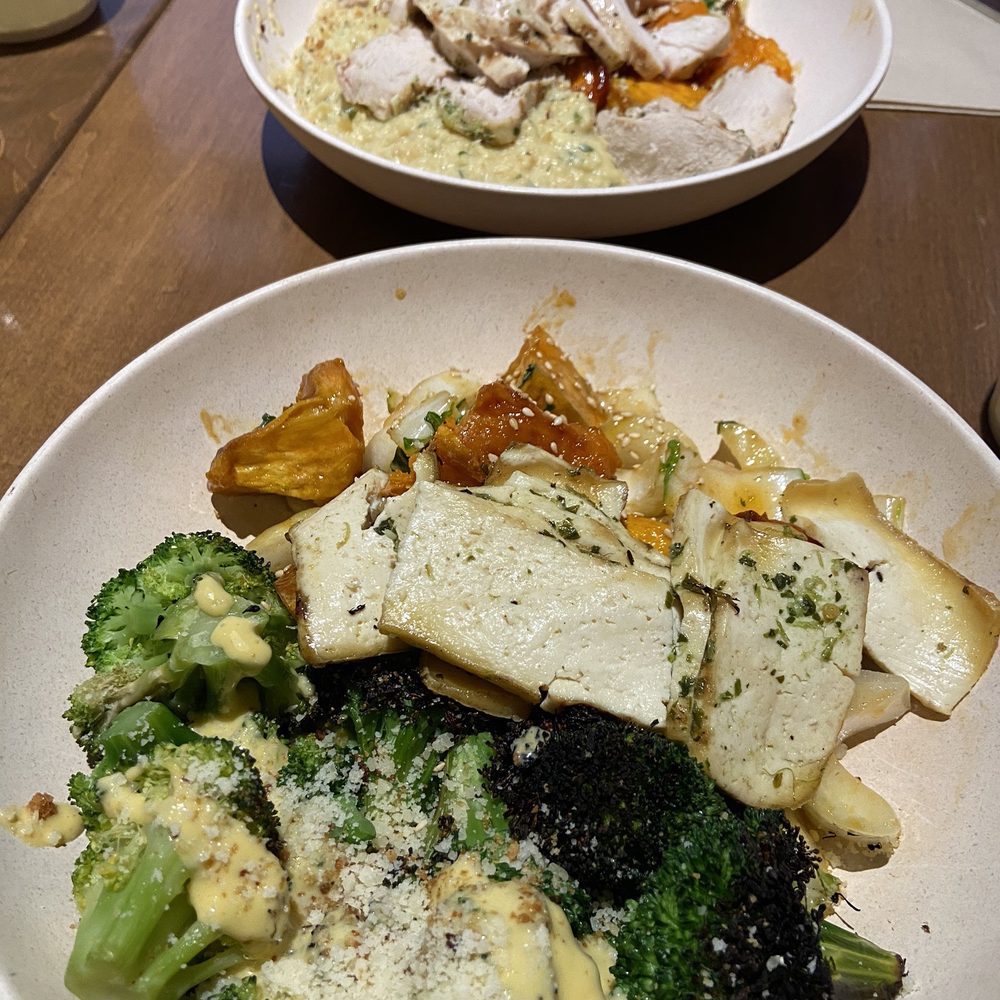 Chicken Red Chile Glazed Sweet Potato Cauliflower "Risotto" Tofu Roasted Brussels Sprouts Red Chile Glazed Sweet Potato
