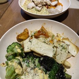 Chicken Red Chile Glazed Sweet Potato Cauliflower "Risotto" Tofu Roasted Brussels Sprouts Red Chile Glazed Sweet Potato