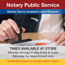 Acton Print Shop - We have an in-house notary public that is also a mobile notary. Walk-ins are OK during the hours mentioned in the photo.