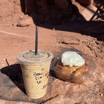 Canyon Coffee - Iced Honey Cinnamon Latte & Cinnamon Roll - Coffee & Tea Near Me - Springdale, Utah