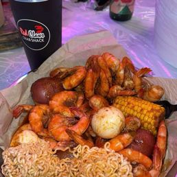 Shrimp, potatoes, corn, eggs, and noodles.
