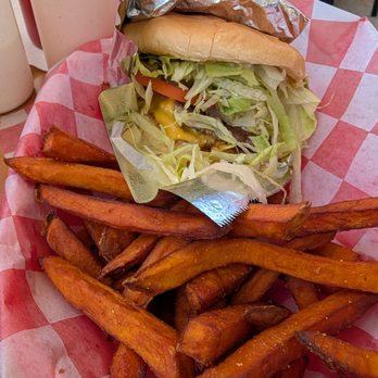 Dk's Grill - Cheese burger with sweet potato fries - American Near Me - North Bend, Oregon Dk's Grill - Cheese burger with sweet potato fries - American Near Me - North Bend, Oregon