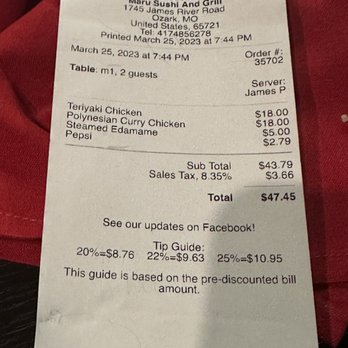 Maru Sushi & Grill - the receipt for the restaurant - Japanese Near Me - Ozark, Missouri Maru Sushi & Grill - the receipt for the restaurant - Japanese Near Me - Ozark, Missouri