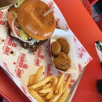 The Burger Joint & Brew - Blue cheese single smash burger with jalapeño poppers and fries - Halal Near Me - San Diego, California